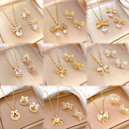 Jewelry set Women Stainless Steel 18k Gold Pearl Shell Zircon Clover Butterfly Heart Pendant Necklace Rings Earrings Chains Bracelet Set