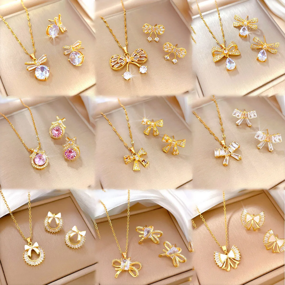 Jewelry set Women Stainless Steel 18k Gold Pearl Shell Zircon Clover Butterfly Heart Pendant Necklace Rings Earrings Chains Bracelet Set