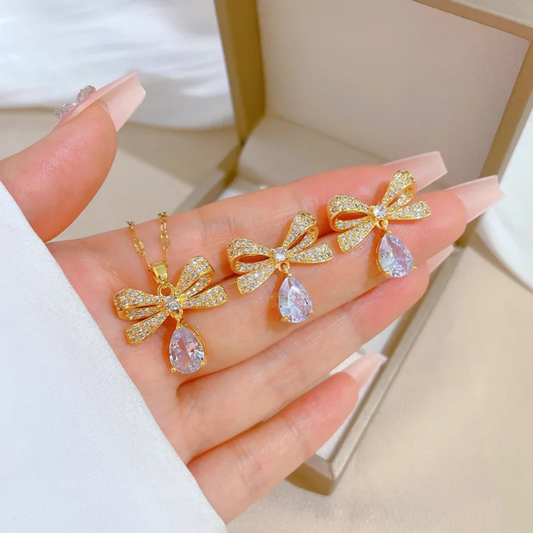 Jewelry set Women Stainless Steel 18k Gold Pearl Shell Zircon Clover Butterfly Heart Pendant Necklace Rings Earrings Chains Bracelet Set