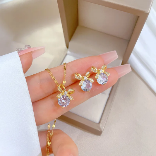 Jewelry set Women Stainless Steel 18k Gold Pearl Shell Zircon Clover Butterfly Heart Pendant Necklace Rings Earrings Chains Bracelet Set