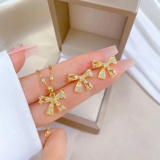 Jewelry set Women Stainless Steel 18k Gold Pearl Shell Zircon Clover Butterfly Heart Pendant Necklace Rings Earrings Chains Bracelet Set