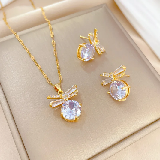 Jewelry set Women Stainless Steel 18k Gold Pearl Shell Zircon Clover Butterfly Heart Pendant Necklace Rings Earrings Chains Bracelet Set