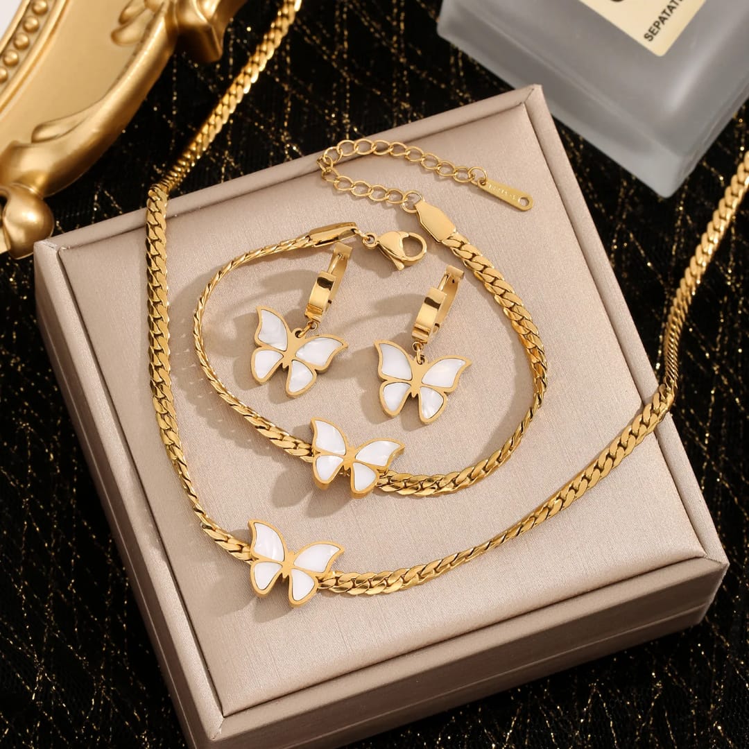 Stainless Steel Butterfly Pendant Necklace Bracelet Earrings Wedding Jewelry Set for Women Waterproof Gold Plated Wholesales