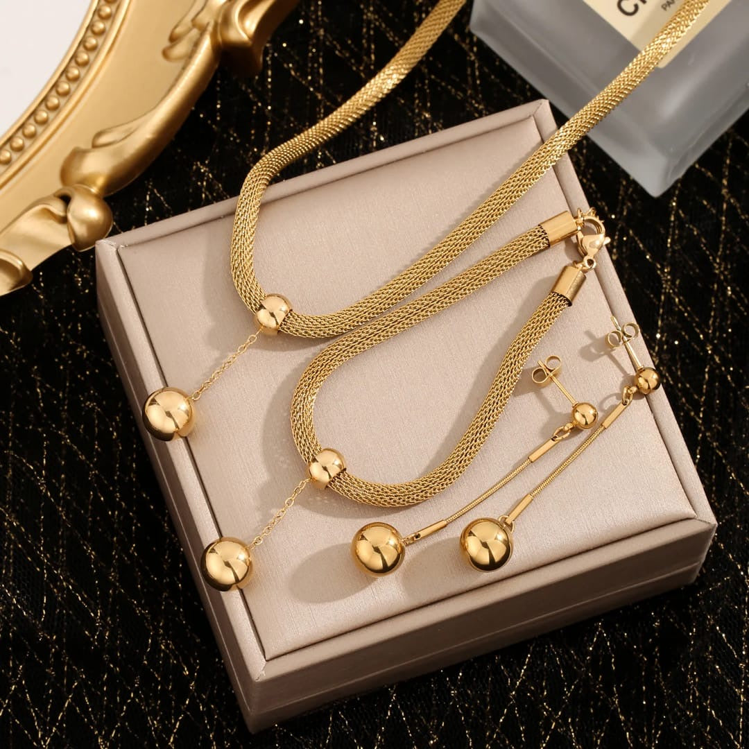 316L Stainless Steel French Luxury Hollow Woven Chain Design Tassel Pendant Necklace Bracelet Earrings Jewelry Set