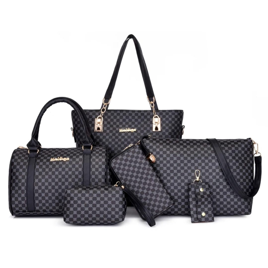 Elegant 6-Piece Ladies Wallet Set Polka Dot Faux Leather Includes Handbag Boston Tote Crossbody Bag Wallet Clutch Coin Purse Key