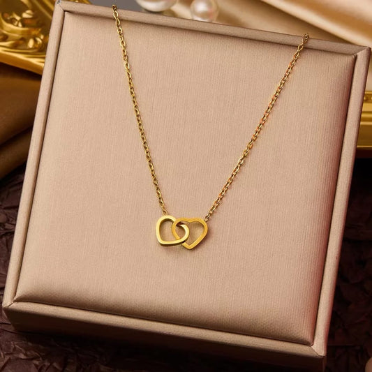 Simple Double Heart Pendant Necklace for Women Couple Stainless Steel Choker Gold Color Chain Wedding Party Friends Jewelry Gift