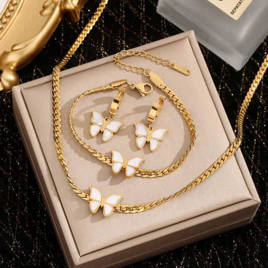 Stainless Steel Butterfly Pendant Necklace Bracelet Earrings Wedding Jewelry Set for Women Waterproof Gold Plated Wholesales