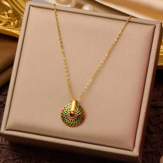 Retro Luxury Enamel Daisy Round Gold Color Stainless Steel Pendant Necklace New Hoop Earrings for Womens Jewelry Holiday Gift