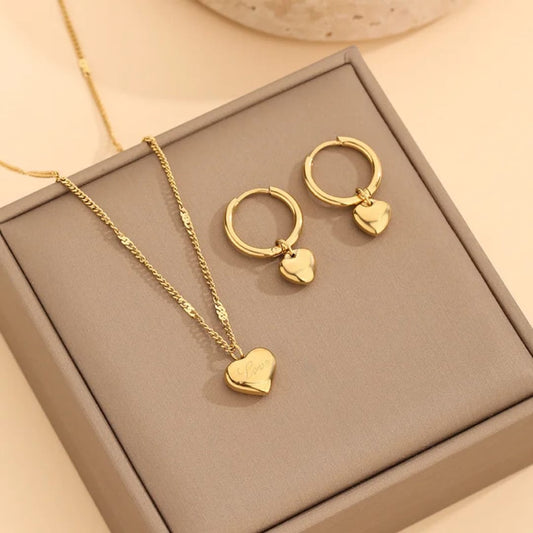 Love Heart Necklace And Hoop Earrings Set For Women, Gold-Tone Titanium Steel Circle Pendant Necklace And Hoop Earrings Set