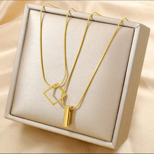 316L Stainless Steel Square Cylinder Pendant Double Layer Snake Bone Chain Choker Necklace For Women Fashion Fine Jewelry N848